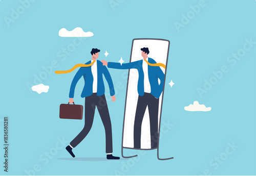Self esteem or self care, believe in yourself improving confident, respect in your strong attitude concept, frustrated businessman looking at mirror with his shadow encourage his confidence.