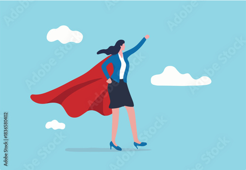Lady power, woman leadership, feminism or female empowerment concept, confidence powerful businesswoman wearing business suit with superhero cape.