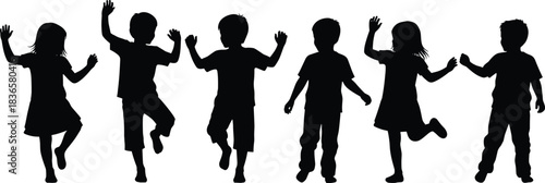 Silhouettes of children playing and dancing joyfully, active kids in fun poses, childhood illustration set for creative design, education artwork and graphics