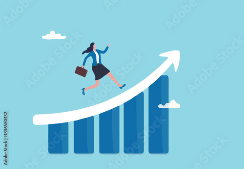 Work improvement, career growth or performance to achieve success, progress or challenge concept, businesswoman running up rising arrow on performance improvement bar graph.