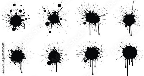 Set of detailed ink splatter textures with dripping paint effects, grunge abstract blot elements for creative design, illustration projects and graphic artwork