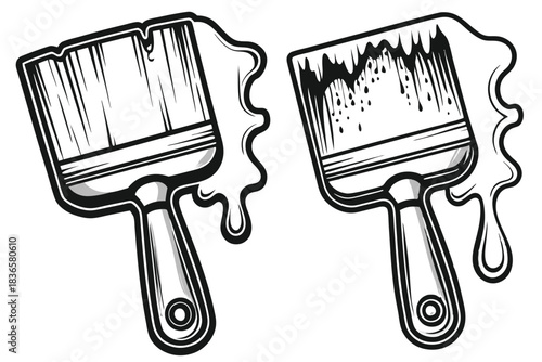 Two paintbrushes, dripping paint, black & white art. Modern, simple, clean design