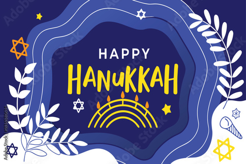 Happy Hanukkah greeting card with menorah stars and branches star of david jewish