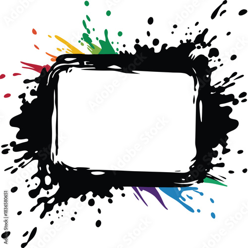 Splatter with Colorful Paint Splashes around Black Border on White Background