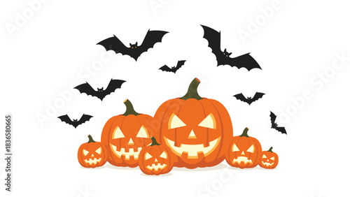 Smiling jack o lanterns glow bright surrounded by spooky black bats flying in a festive seasonal grouping