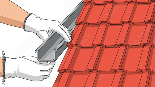 Handyman installing new roof gutter system on red tiled roof with white gloves for home improvement and weather protection