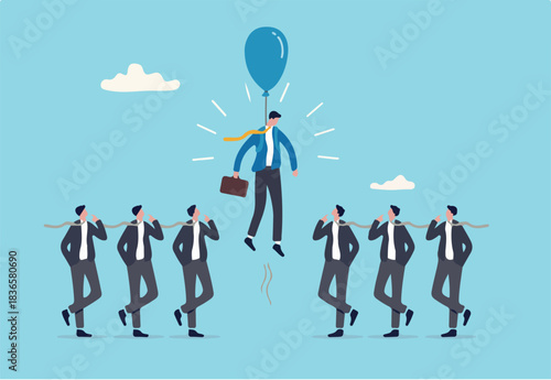 Differentiate from competitors, stand out or much better from others, difference, unique or outstanding concept, initiative businessman flying with balloon stand out from other same competitors