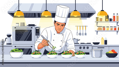 Chef expertly prepares fresh salads with vibrant greens in a bright, professional kitchen for a healthy dining experience