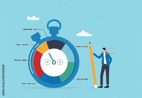 Time tracking system or time management to manage project or productivity, evaluate efficiency or project resources planning concept, business man stand with stop watch timer time spend pie chart