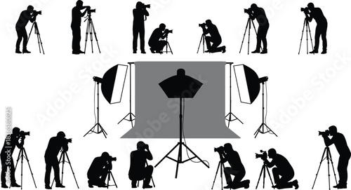 Silhouettes of photographers working in professional studio setup with cameras, tripods, lighting equipment, photo backdrop, creative shooting poses for commercial design projects