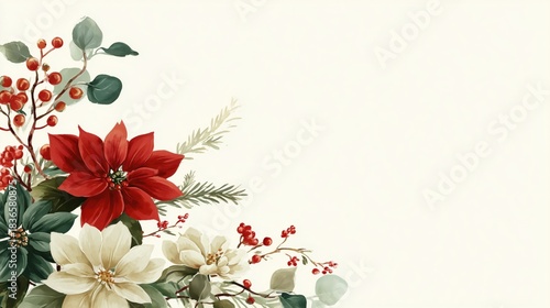 Minimal floral Christmas frame with red berries and green leaves on light background