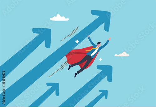 Growth for success, professional or expert to grow business, career development or leadership, winner motivation concept, businessman superhero flying high in the sky with growth rising up arrows.