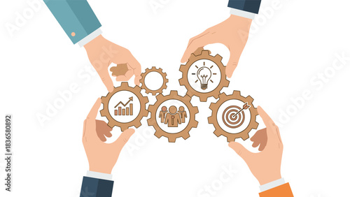 Teamwork drives success connecting gears representing strategy growth ideas and clear objectives