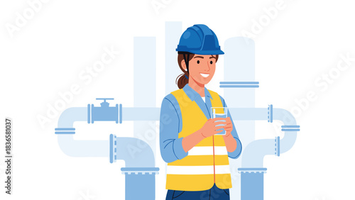 Smiling female engineer enjoying clean water after hard work at the plant, promoting health and safety in modern industry