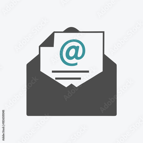 Open Gray Envelope with White Paper & Teal At Sign. Flat Design Style, Isolated. 85 Chars