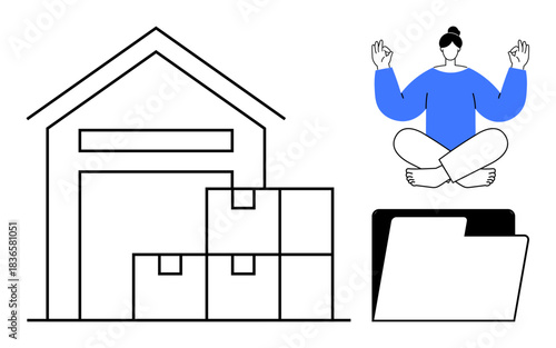 Productivity, organization, mindfulness, logistics, data management, storage solutions. Warehouse with boxes, meditating person and digital folder icon. Organization and mindfulness