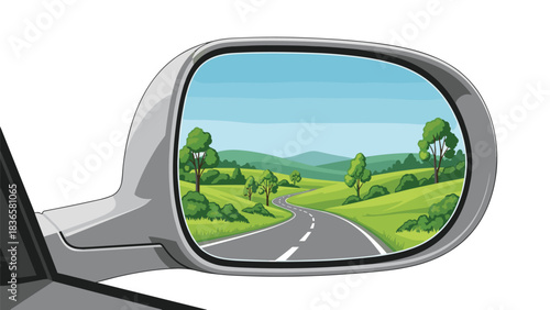 Scenic road trip adventure reflected in car's side mirror offers freedom and escape on idyllic journey through countryside