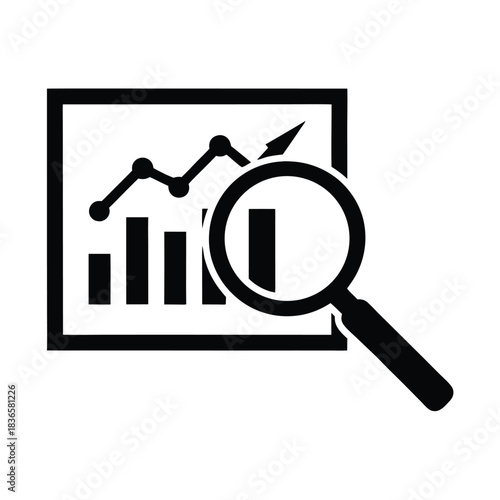 Graph Under Magnifying Glass Icon, Business Chart and Data Analysis, Market Research