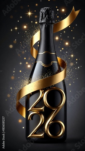 Celebrate 2026 with elegant black champagne bottle and shimmering gold ribbon for luxurious New Year's Eve party invitations