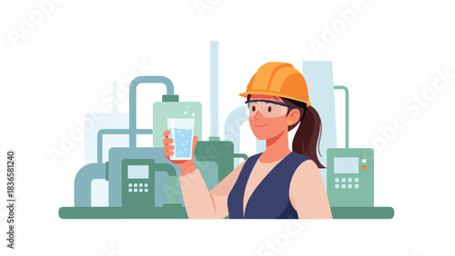 Female engineer inspecting water quality at modern industrial plant to ensure purity and safety standards are being met