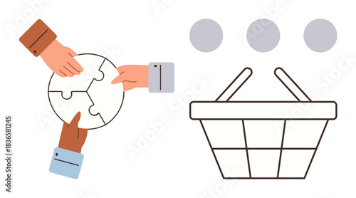 Hands assembling a puzzle circle alongside a minimal shopping basket and circles. Ideal for teamwork, collaboration, problem-solving, business, shopping, partnership, and creativity concepts. Simple
