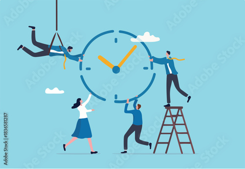 Time management or project management to control team to complete tasks or strategic planner to manage resources to complete work in deadline, businessman and woman help combine clock timer pieces