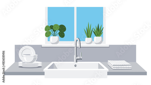 Clean modern kitchen sink area features fresh potted plants by a bright window ready for daily tasks