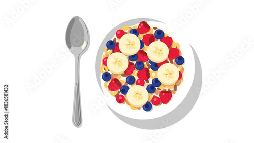 Vibrant bowl of healthy cereal topped with fresh banana slices blueberries and raspberries ready to eat