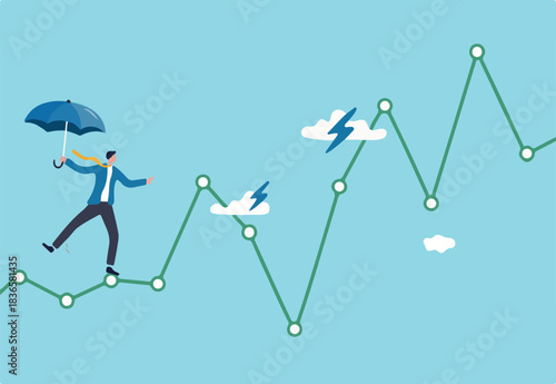 Risk and uncertainty, investment volatility or stock market and crypto currency fluctuation up and down, all weather strategy concept, businessman acrobat planning to walk on risky investment graph
