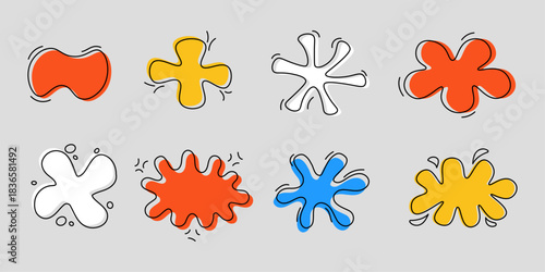 Vector illustration. Bundle of flat liquid design elements for poster, book cover, frame, gift card, magazine. Simple minimalist line art wavy objects. Hipster geometric style shapes. Trendy graphic