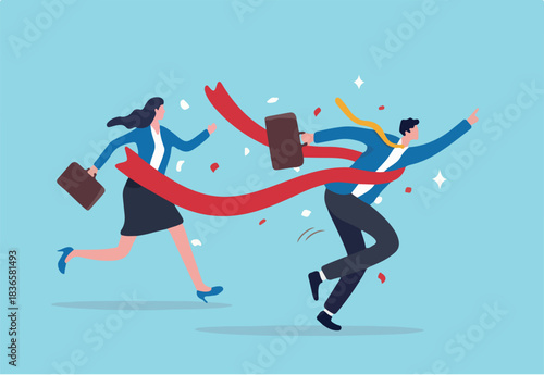 Finish line winner, business competition success victory, race goal or achievement, fast speed or strength leader, motivation to win opportunity concept, businessman champion winner race finish line