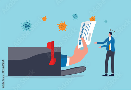 Government give stimulus check money to all citizen people for economic stimulus in COVID-19 Coronavirus outbreak crisis, government hand giving stimulus check from post box to unemployed business man