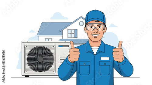 Reliable HVAC technician giving thumbs up after installing new air conditioning system for comfortable home living