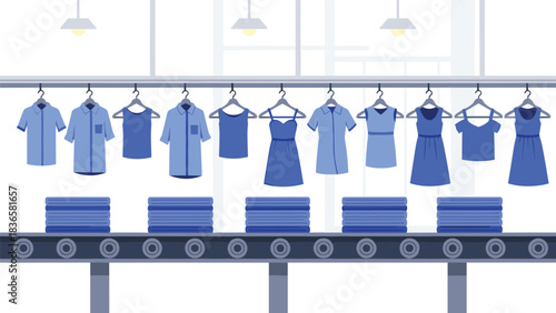 Modern garment factory production line moving freshly cleaned blue clothing items through quality control