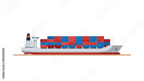 Modern container cargo ship loaded with vibrant red and blue shipping boxes sailing across the water