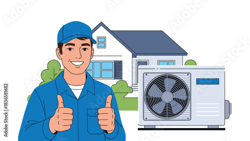 Reliable HVAC technician giving thumbs up after successful air conditioning installation for happy homeowners, ensuring comfort