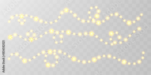 Star light string, fairy bulb garland. Gold bokeh wedding decoration, xmas festive wire line. 3d warm lamp, isolated noel element. Night carnival party border, holiday home decor. Lantern ribbon chain