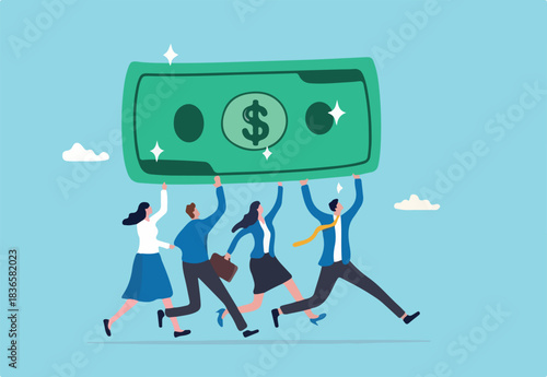 People carry money dollar banknote metaphor of capital, salary or income, wages to pay and purchase value, banking and investment, tax, economic and inflation concept