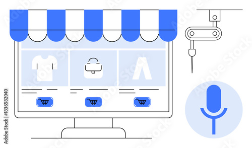 E-commerce, automation, online retail, digital shopping, voice commands, robotics. A screen showing an online storefront with a robotic element and voice assistant icon. E-commerce and automation