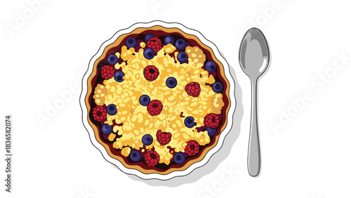 Delicious berry crumble pie with fresh blueberries and raspberries awaits a spoonful of warm, comforting goodness for dessert time