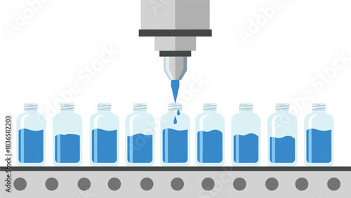 Modern automated bottling process filling clear bottles with vibrant blue liquid on a conveyor belt for efficient manufacturing