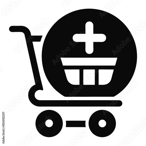 Shopping Cart Icon with Plus Symbol, Black Silhouette, Add to Cart, Simple Design