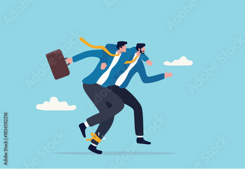 Business trusted partnership, buddy, teamwork and unity, mentorship and support to achieve success, cooperation and collaboration concept, businessmen running three legs race to win the competition