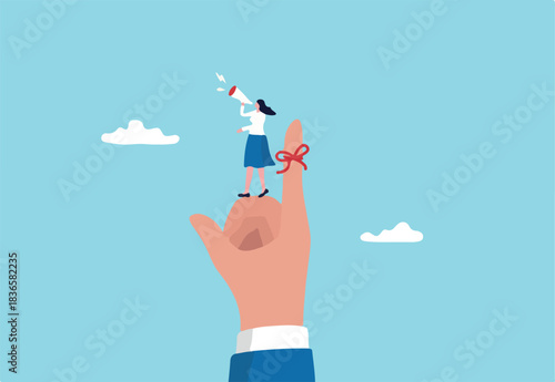 Finger string reminder, don't forget to remember, assistance or secretary to remind important event concept, businesswoman assistance tie red string on boss finger and use megaphone to remind him. 