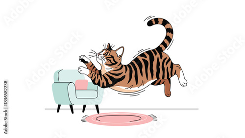 Adorable cartoon tabby cat playfully leaping mid-air from sofa to rug in a joyful, energetic scene for pet-themed designs
