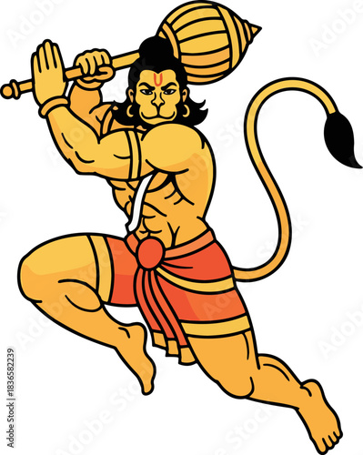 Hanuman Action Pose PNG. Powerful Vector Transparent Artwork.