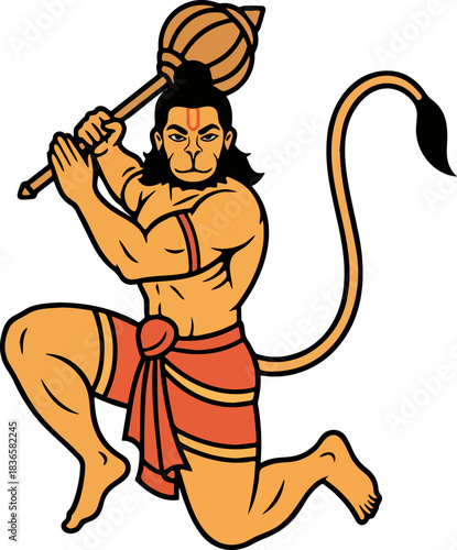 Hanuman Action Pose PNG. Powerful Vector Transparent Artwork.