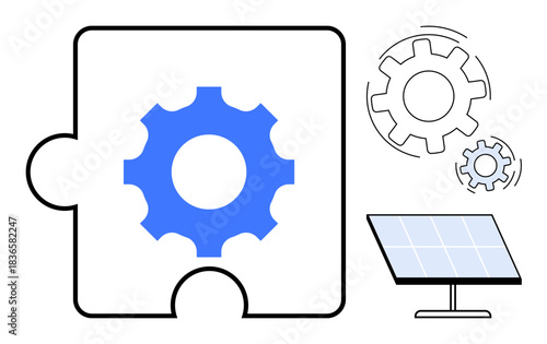 Renewable energy, sustainable technology, energy solutions, efficiency, engineering, problem-solving. Blue gear inside a puzzle, solar panel and interlocked gears. Renewable energy and sustainable