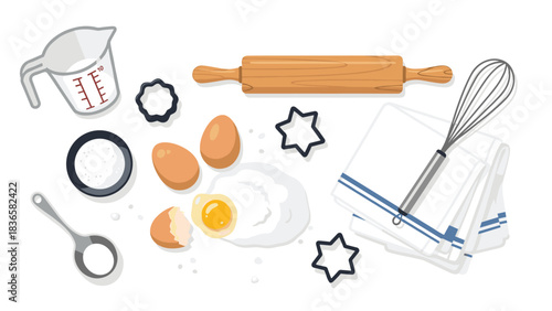Gather essential baking ingredients and tools like eggs, flour, and a rolling pin ready for sweet treats