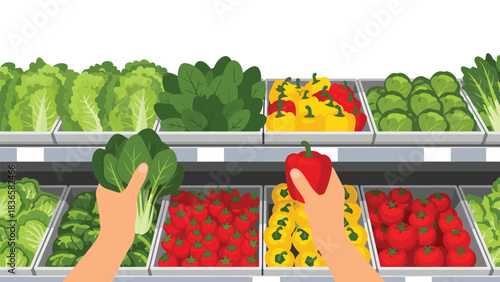 Grocery shopper selects fresh vegetables and bell peppers from vibrant supermarket produce aisle for healthy meal planning